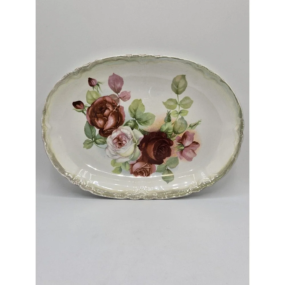 Antique Victorian Floral Transferware Oval Serving Platter Roses Scalloped 1891